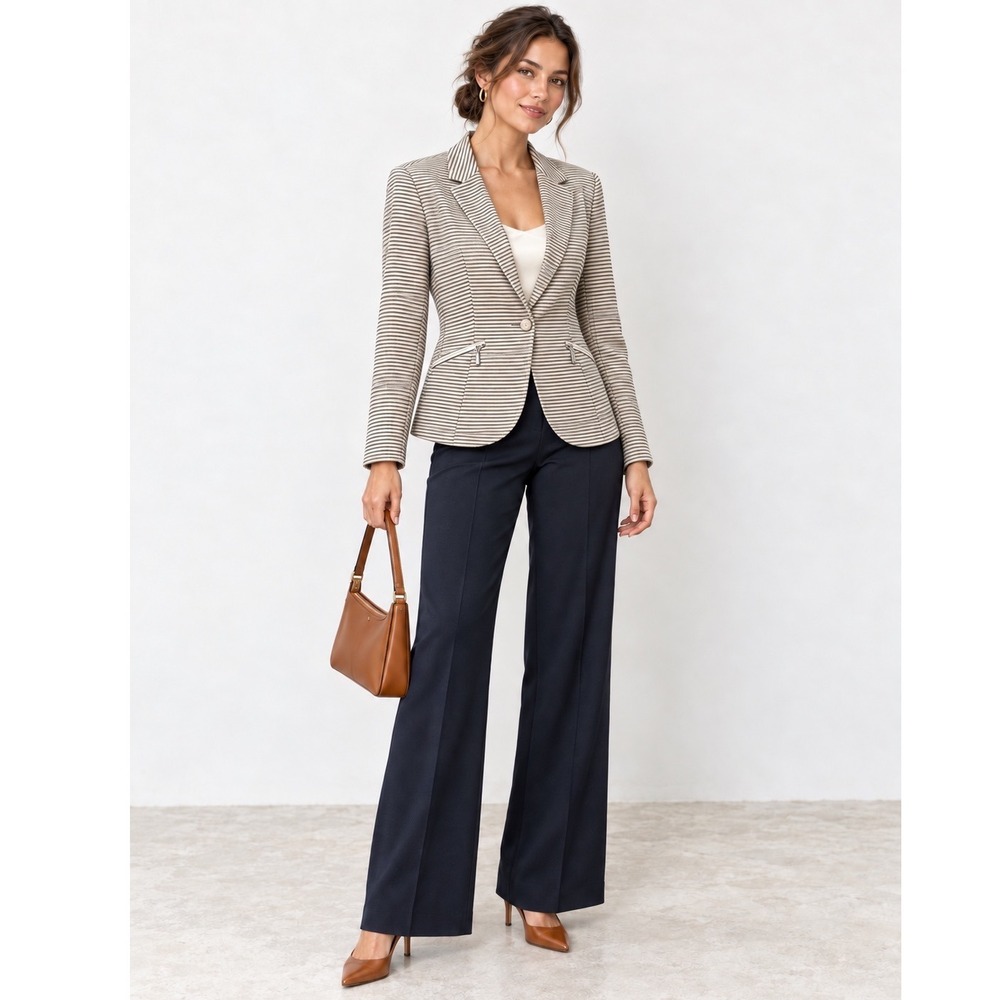 Banana Republic Blazer Large Navy Cream Striped Single Button Zip Pockets